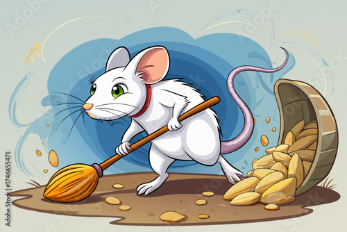 vector of A white mouse with a broom on its tail is running away. The story of the proverb "The mouse didn't go through the hole, the broom went to its tail"