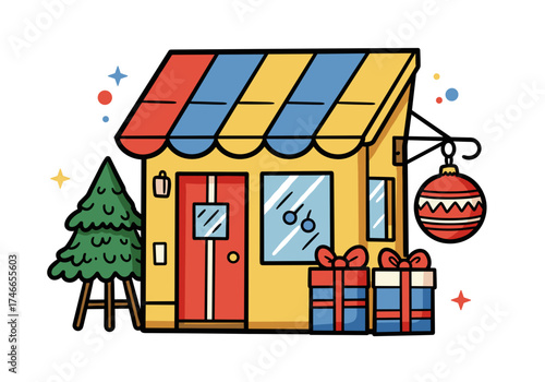 Colorful storefront decorated for holiday shopping during Black Friday  
