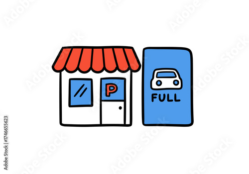Parking store with full sign and red awning illustration for Black Friday  