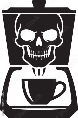 Skull Coffee Maker Vector Graphic Black and White Caffeine Addiction Emblem Design for Dark Humor and Alternative Beverage Concepts