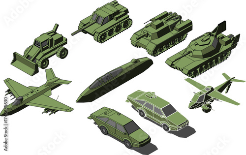 Isometric Military Vehicles Set, Tanks, Jets, Submarine, Armored Cars, Helicopter, Artillery, 3D Illustration of Modern Combat Equipment for Defense, War Strategy, Army Technology