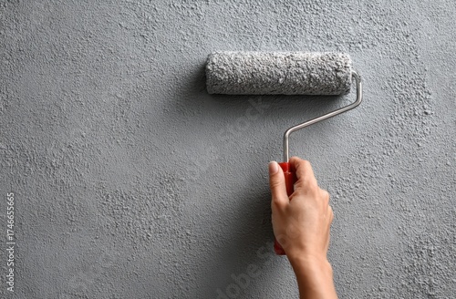 Close-up of a hand using a paint roller to apply gray textured wall paint