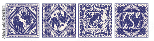 Horse bandana print design, hand drawn western mystic square tile ornament, cowboy handkerchief set. Lunar horoscope animal sign, fashion ornamental graphic. Horse bandana magic retro fabric texture