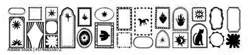 Hand drawn doodle frame set, vector cute trendy line border, simple modern print design element kit. Ornamental holiday decor, wavy groovy geometric shape, naive creative decor. Abstract doodle frame