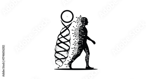 Human form dissolving into digital data stream alongside DNA helix, symbolizing evolution and technology