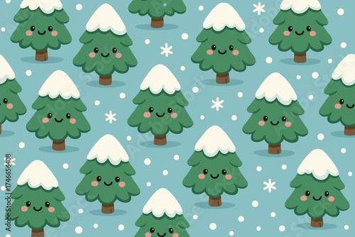 Cute cartoon christmas trees with snow on top and smiling faces seamless pattern
