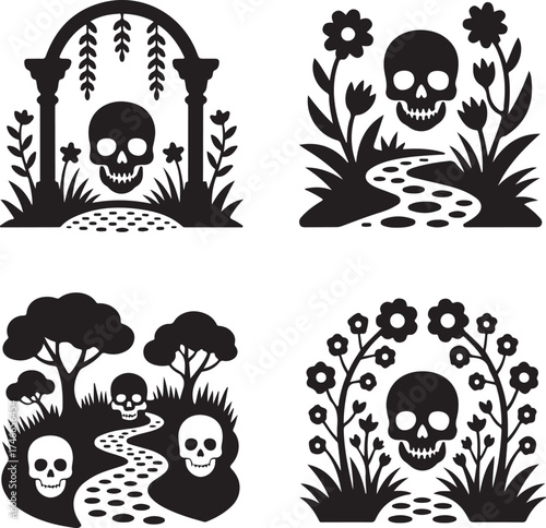 set of black silhouettes of trees