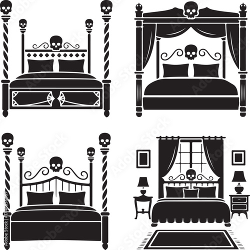 Spooky Halloween Bed Collection Featuring Skulls on Headboards and Bedposts Dark and Eerie Bedroom Decorations for Holiday