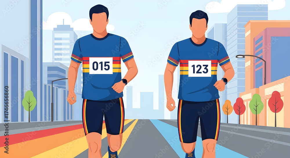 Fototapeta premium Marathon Runners in the City A Colorful Illustration of Athletes in Motion with Race Numbers