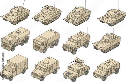 Isometric military vehicles, tanks, armored trucks, support units, combat transport, battlefield equipment, army logistics, tactical fleet, defense assets, war machines, vehicle illustration