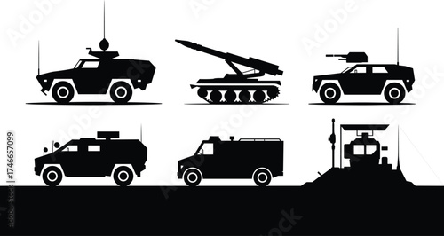 Military armored vehicles and tactical equipment silhouettes, modern war machines, missile launcher, combat support units, battlefield technology, defense transport fleet, military base infrastructure