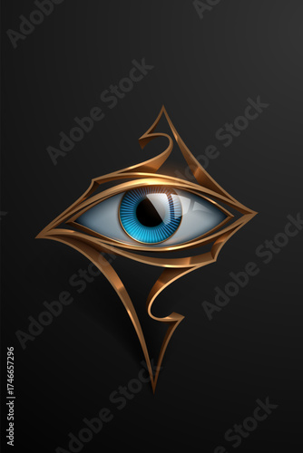 Eye with golden ornate frame on black background