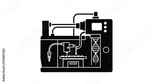 Advanced 3D printer creating a DNA helix structure, symbolizing innovation in biotechnology.