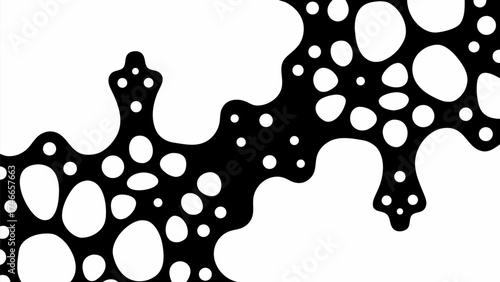 Abstract black and white organic shapes with varying sized circles creating a dynamic and flowing pattern design silhouette