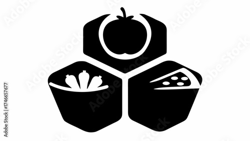 Illustration of three hexagonal shapes containing an apple, peppers, and pizza slice icon designs silhouette