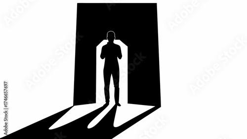 A silhouette of a person standing in a doorway with bright light behind them casting a long shadow forward