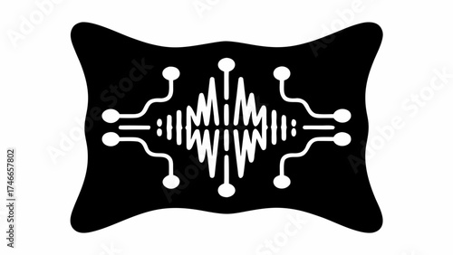 Abstract black shape with white circuit board design and central sound wave illustration in the middle silhouette