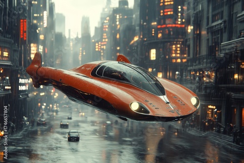 Red Futuristic Flying Car In Rainy City
