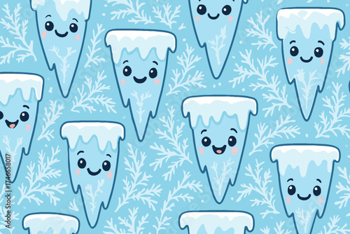 Cute kawaii icicle characters seamless pattern with frosty winter background