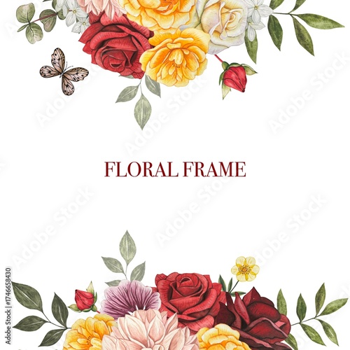 Frame with autumn flowers. Red, burgundy, yellow,  roses, lily, dahlia,clementis, leaves. Hand drawn watercolor illustration.