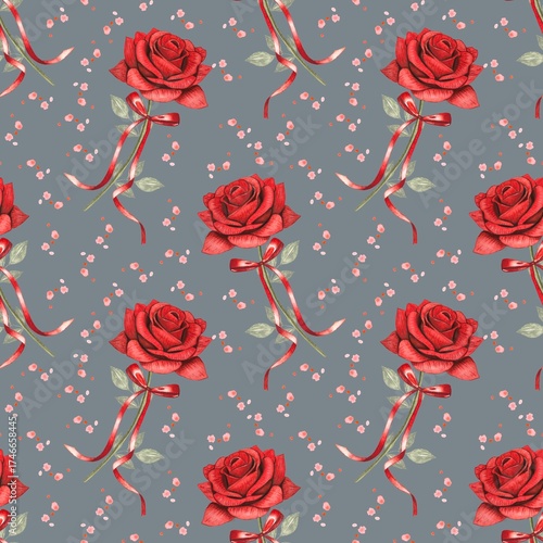 Floral seamless pattern with red roses, red bows. Hand drawn watercolor illustration