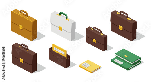 Isometric briefcase designs: diverse styles and colors for business essentials