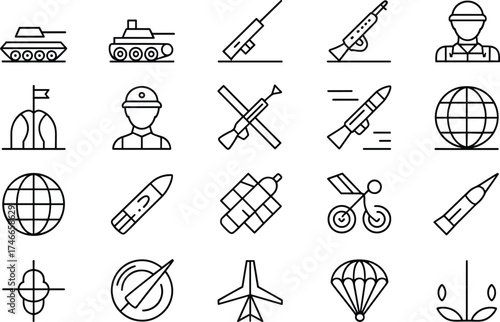 Military icons, black and white, line style, tank, missile, soldier, radar, jet, satellite, war equipment, defense symbols, vector illustration, minimal design