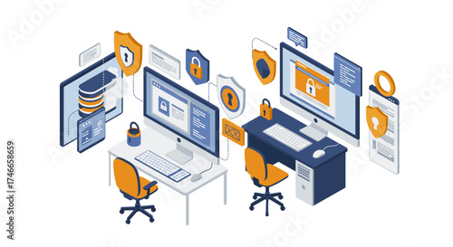 Isometric cybersecurity concept with office workstations and data protection icons