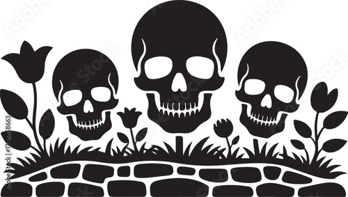 Three Skulls and Floral Decorations on a Brick Wall Black and White Illustration for Halloween or Day of the Dead Theme