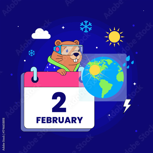 Groundhog Day illustration with cartoon groundhog meteorologist in hyperreality  