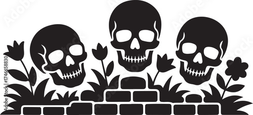 Three Skulls with Flowers and Brick Wall Decorative Vector Silhouette Design for T Shirts or Stickers or Party Decorations