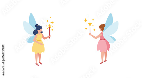 Cute fairy characters with magic wands in flat cartoon style