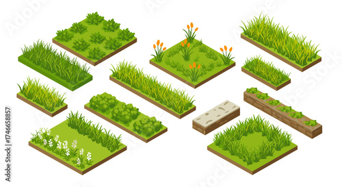 Isometric garden elements collection for landscaping design projects