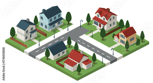 Isometric neighborhood with colorful houses and trees on a crossroad