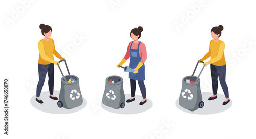Isometric people collecting and sorting garbage in recycling bins