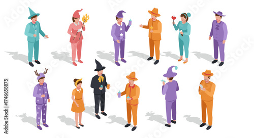 Isometric characters in unique costumes engaging in various activities