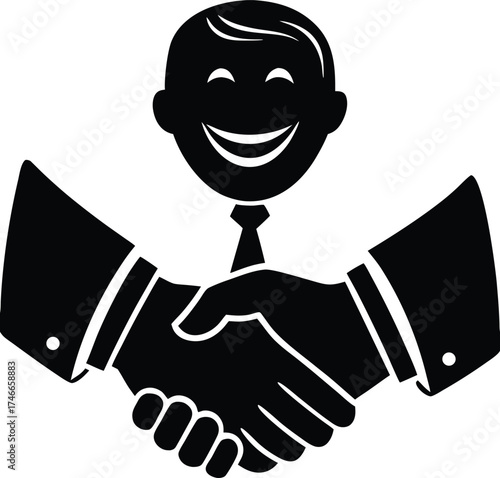 Smiling Handshake Silhouette Vector | Cute Agreement Icon with Happy Face in Black | Partnership Cartoon Illustration
