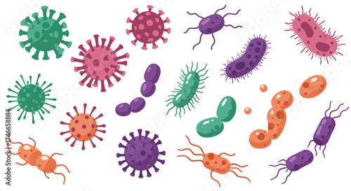 Colorful flat cartoon bacteria and virus set on white background