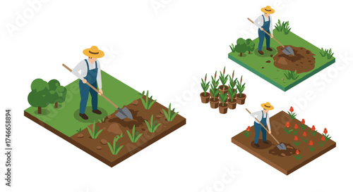 Farmer gardening scenes in isometric farm plots with plants and trees