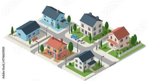 Isometric suburban neighborhood with colorful houses and streets