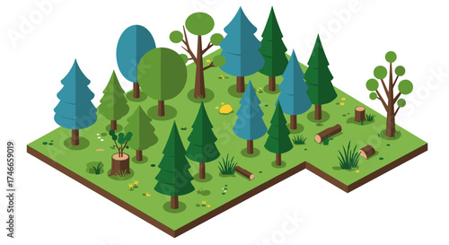 Isometric forest scene with trees and plants on grassland