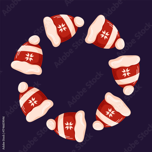 Festive circular arrangement of red and white Santa hat with snowflake decoration on a dark background in cartoon. Design for holiday celebration and Christmas spirit.