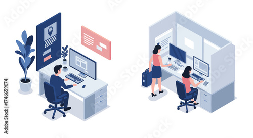 Modern office workspace with professionals in isometric style