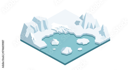 Isometric arctic scene with icebergs and glacial water