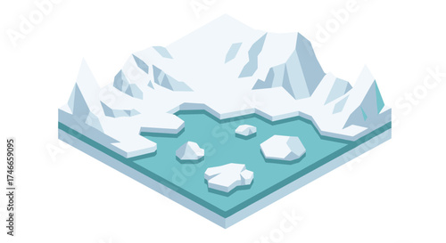 Isometric winter landscape with icebergs and snowy mountains