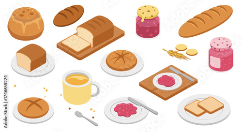 Isometric breakfast set: bread, jam, and coffee essentials