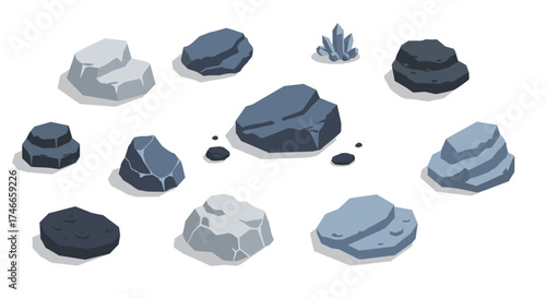 Collection of stylized rocks and stones with shadows on white background