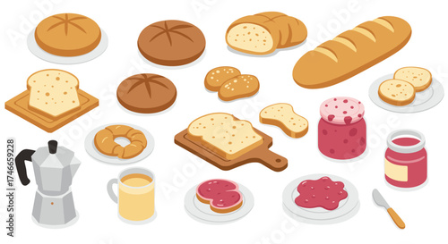 Isometric breakfast set with coffee pot, bread, and jam selection