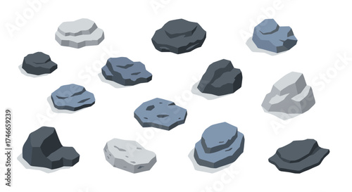Collection of isometric stones in various shapes and colors on white background