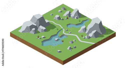 Isometric landscape with mountains, lakes, and pathways in minimalist style